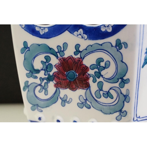 27 - Chinese ceramic stool of hexagonal barrel form having transfer printed panels depicting florals and ... 