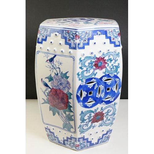 27 - Chinese ceramic stool of hexagonal barrel form having transfer printed panels depicting florals and ... 