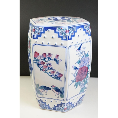 27 - Chinese ceramic stool of hexagonal barrel form having transfer printed panels depicting florals and ... 