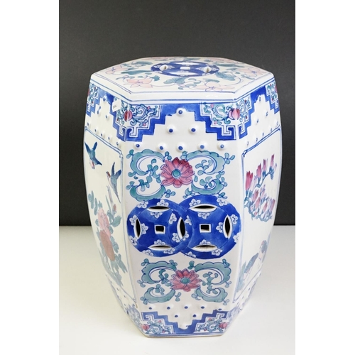 27 - Chinese ceramic stool of hexagonal barrel form having transfer printed panels depicting florals and ... 