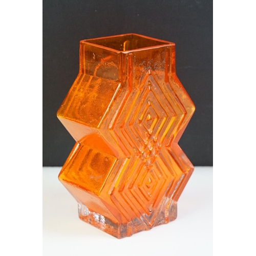 3 - Whitefriars glass vase double diamond tangerine glass vase. Measures 16cm tall.