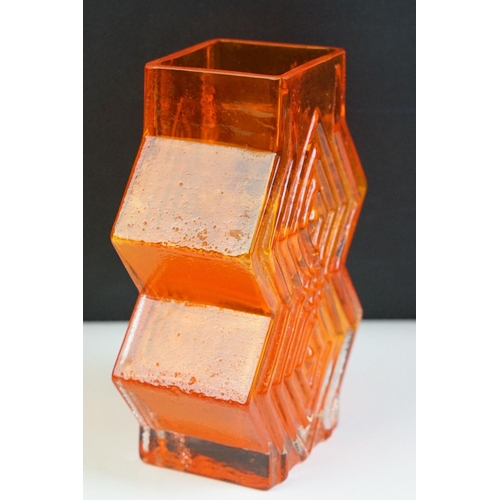 3 - Whitefriars glass vase double diamond tangerine glass vase. Measures 16cm tall.