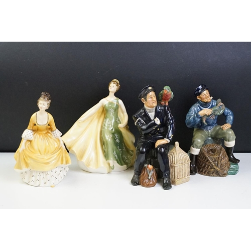 34 - Four Royal Doulton figurines to include Shore Leave HN2254 (a/f), the lobster man HN2317, Alexandra ... 