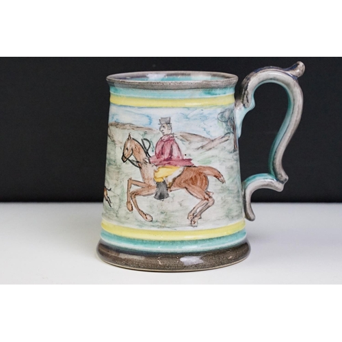 35 - Glyn Colledge Stoneware Tankard or Mug, hand painted with a hunting scene, 13cm high