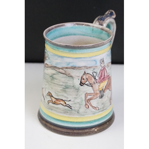 35 - Glyn Colledge Stoneware Tankard or Mug, hand painted with a hunting scene, 13cm high