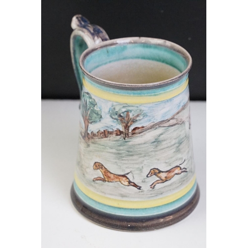 35 - Glyn Colledge Stoneware Tankard or Mug, hand painted with a hunting scene, 13cm high