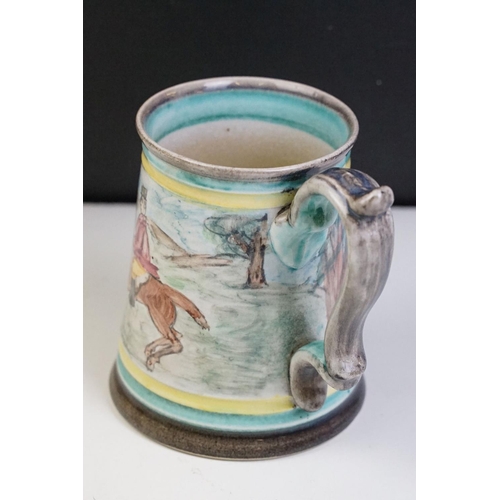 35 - Glyn Colledge Stoneware Tankard or Mug, hand painted with a hunting scene, 13cm high