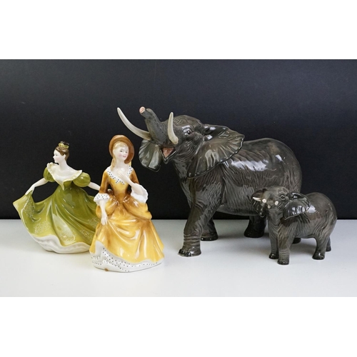 36 - Two Royal Doulton figurines to include Sandra HN 2275 and Lynne HN 2329 together with two Beswick el... 