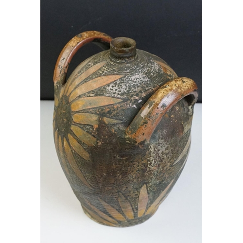 37 - Earthenware Oil Jar with sunflower design, signed to the body