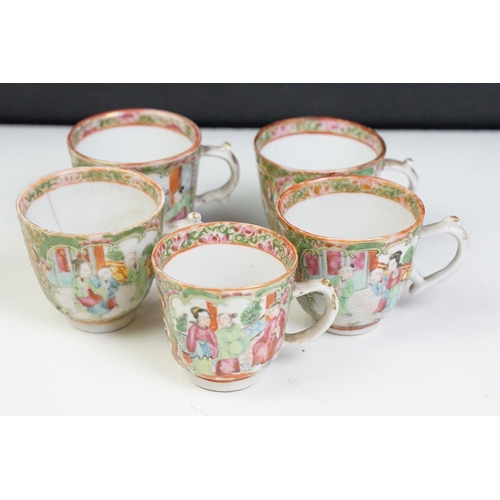 38 - Early 20th Century Chinese canton famille rose tea cups and dish. Each being overglazed with figural... 