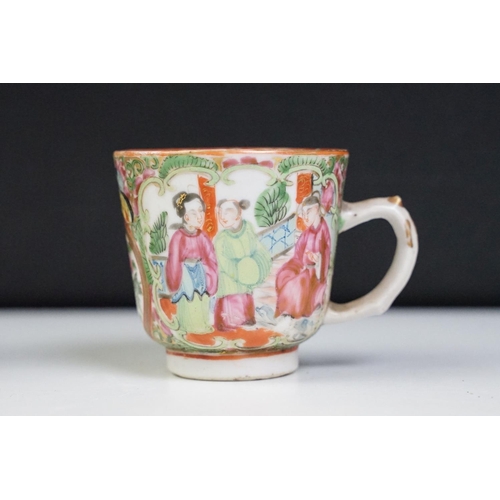 38 - Early 20th Century Chinese canton famille rose tea cups and dish. Each being overglazed with figural... 