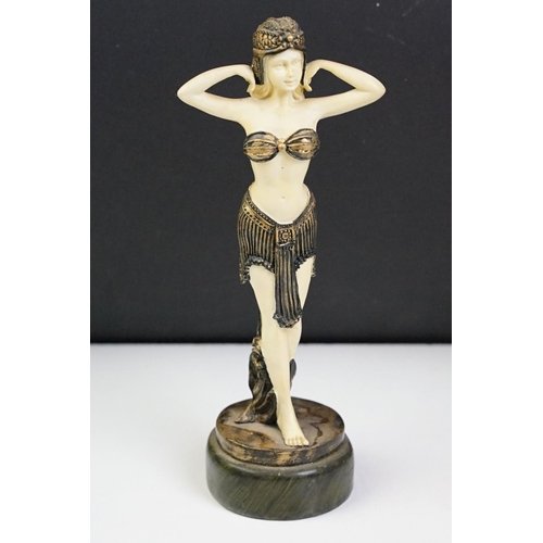 41 - Three Art Deco style resin figures in the form of women in matching costumes. Measures 22cm tall.