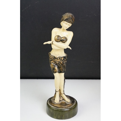 41 - Three Art Deco style resin figures in the form of women in matching costumes. Measures 22cm tall.