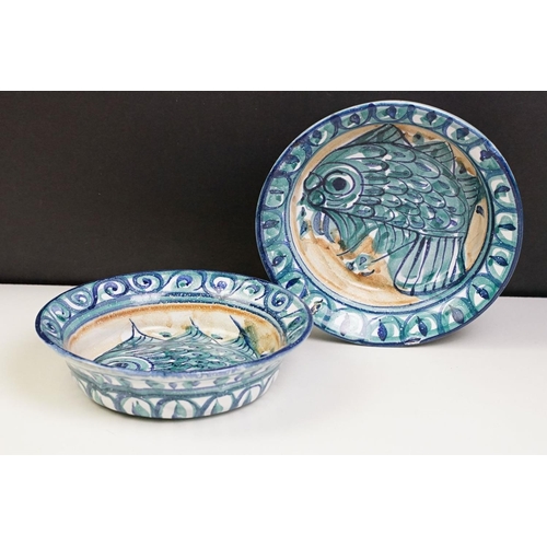 42 - Pair of Porches Pottery Bowls decorated with fish, 19cm diameter