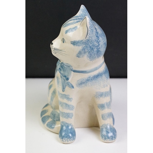 44 - Three Rye pottery ceramic animals to include a blue and white cat, hare and goat. All with stamped m... 