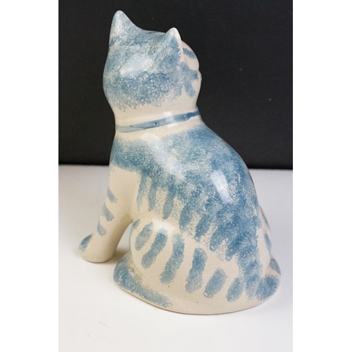 44 - Three Rye pottery ceramic animals to include a blue and white cat, hare and goat. All with stamped m... 