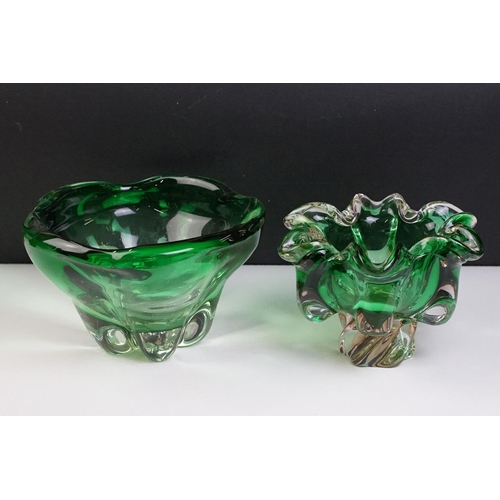 49 - Two pieces of mid Century Czech green glass bowls to include a lobed bowl and fanned rim footed bowl... 