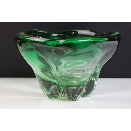 49 - Two pieces of mid Century Czech green glass bowls to include a lobed bowl and fanned rim footed bowl... 