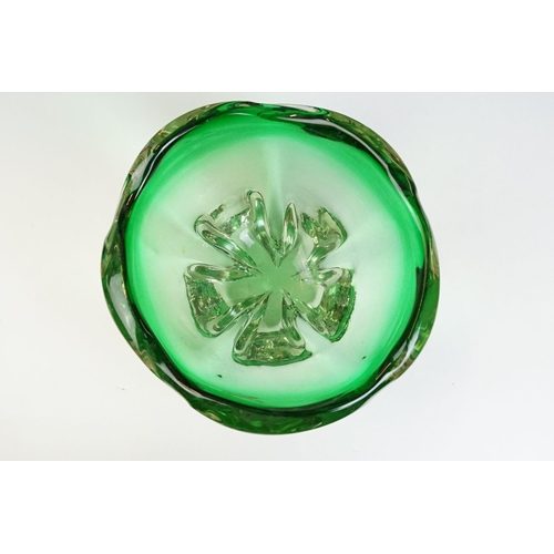 49 - Two pieces of mid Century Czech green glass bowls to include a lobed bowl and fanned rim footed bowl... 