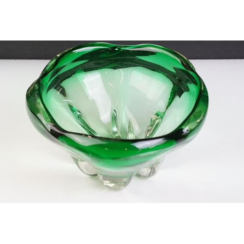 49 - Two pieces of mid Century Czech green glass bowls to include a lobed bowl and fanned rim footed bowl... 