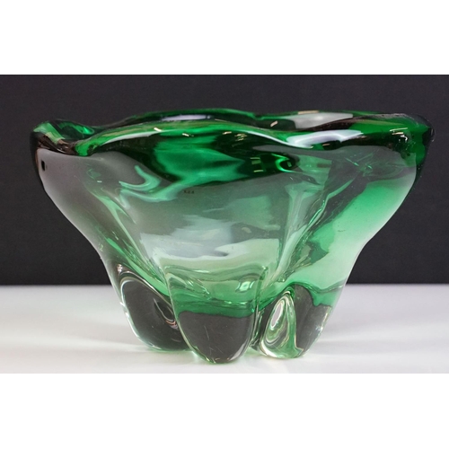 49 - Two pieces of mid Century Czech green glass bowls to include a lobed bowl and fanned rim footed bowl... 