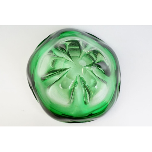 49 - Two pieces of mid Century Czech green glass bowls to include a lobed bowl and fanned rim footed bowl... 