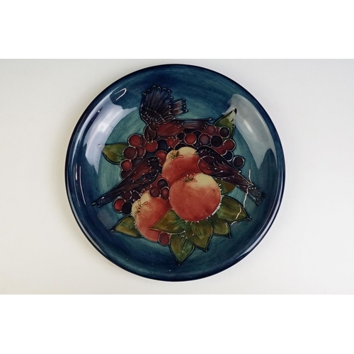 5 - Moorcroft Finches and Fruit pattern plate together with a baluster vase, both with tube lined detail... 