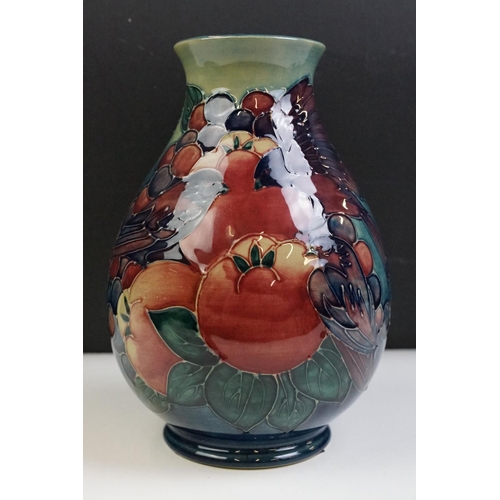 5 - Moorcroft Finches and Fruit pattern plate together with a baluster vase, both with tube lined detail... 