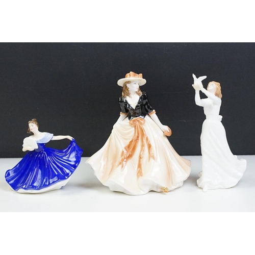 54 - Two Royal Doulton figurines to include Thinking of You HN 3124, Elaine HN 3214, together with a Roya... 