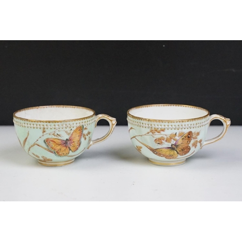 56 - Royal Worcester porcelain cabaret tea set with hand painted butterfly, floral and foliate decoration... 