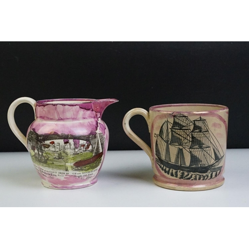 69 - Group of Sunderland lustre pottery to include a 19th century Sunderland pink lustre jug with transfe... 