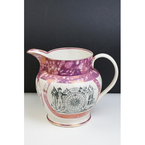 69 - Group of Sunderland lustre pottery to include a 19th century Sunderland pink lustre jug with transfe... 