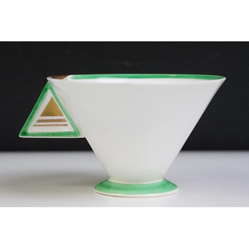 7 - Shelley Art Deco Vogue Sun Ray pattern tea cup trio having an angular shape, with green, blue and gi... 