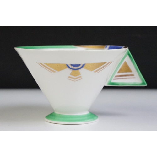 7 - Shelley Art Deco Vogue Sun Ray pattern tea cup trio having an angular shape, with green, blue and gi... 