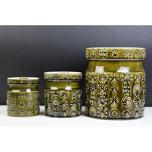 78 - Set of four Portmeirion 'Totem' green glazed ceramic storage jars and sugar shaker (approx 17cm tall... 