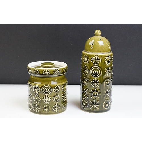 78 - Set of four Portmeirion 'Totem' green glazed ceramic storage jars and sugar shaker (approx 17cm tall... 