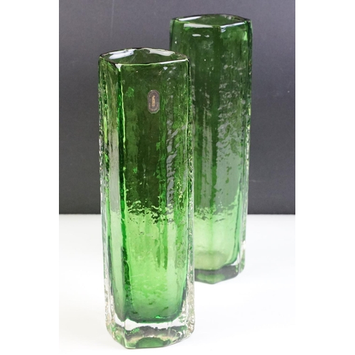 8 - Pair of 1960s / 1970s Whitefriars textured green glass vases. One with original label. Measures 30.5... 