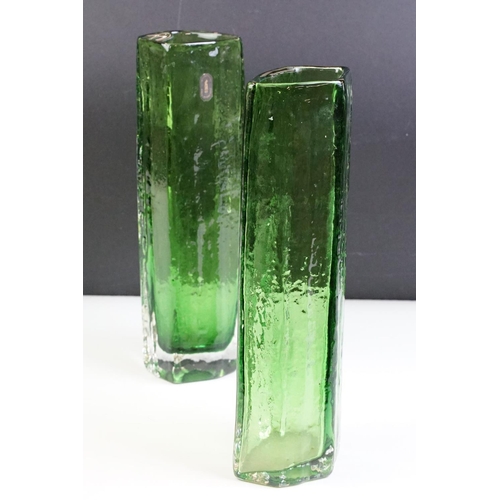 8 - Pair of 1960s / 1970s Whitefriars textured green glass vases. One with original label. Measures 30.5... 