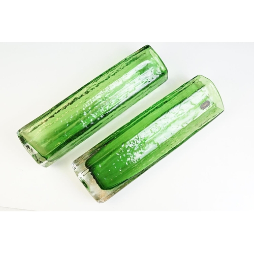 8 - Pair of 1960s / 1970s Whitefriars textured green glass vases. One with original label. Measures 30.5... 