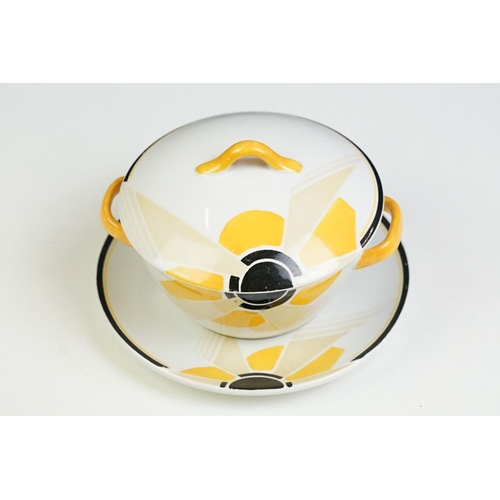 9 - Shelley Art Deco sunray pattern lidded bowls and stands. The bowls painted in yellow and black. Patt... 