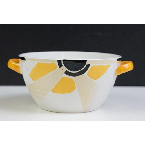 9 - Shelley Art Deco sunray pattern lidded bowls and stands. The bowls painted in yellow and black. Patt... 