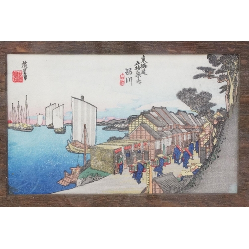 438 - Utagawa Hiroshige, Pair of Framed Japanese Woodblocks of Traditional Coastal Views with Figures, eac... 