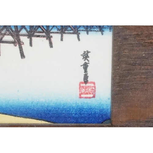 438 - Utagawa Hiroshige, Pair of Framed Japanese Woodblocks of Traditional Coastal Views with Figures, eac... 