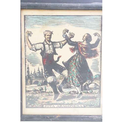 441 - Juan Castells Marti, circa 1940’s, pair of Woodblock Prints of Spanish Dancers titled (Bolero Mallor... 