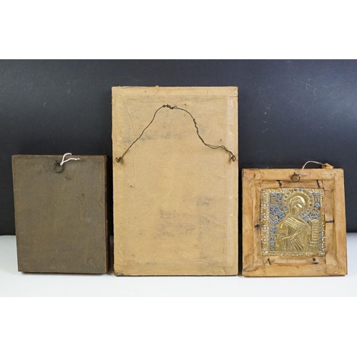 443 - Three Framed Ecclesiastical Artifacts to include Two Icons (one inscribed in Russian) and a Gilt Emb... 