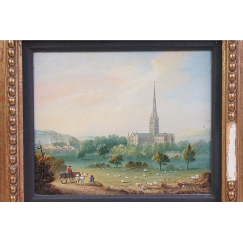 444 - English School, Salisbury Cathedral from the Meadows, oil, a pair, each 16 x 13cm, each gilt framed