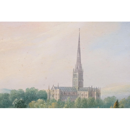 444 - English School, Salisbury Cathedral from the Meadows, oil, a pair, each 16 x 13cm, each gilt framed