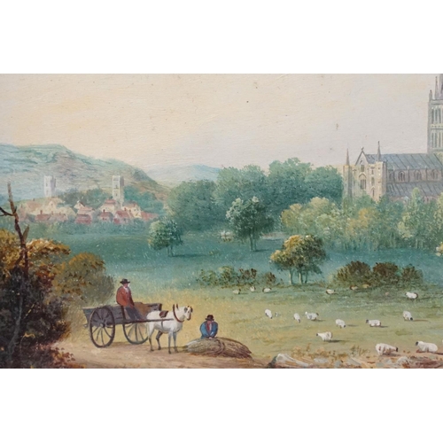 444 - English School, Salisbury Cathedral from the Meadows, oil, a pair, each 16 x 13cm, each gilt framed