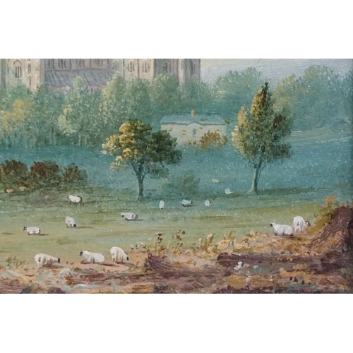 444 - English School, Salisbury Cathedral from the Meadows, oil, a pair, each 16 x 13cm, each gilt framed