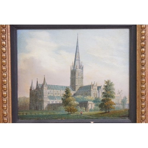 444 - English School, Salisbury Cathedral from the Meadows, oil, a pair, each 16 x 13cm, each gilt framed